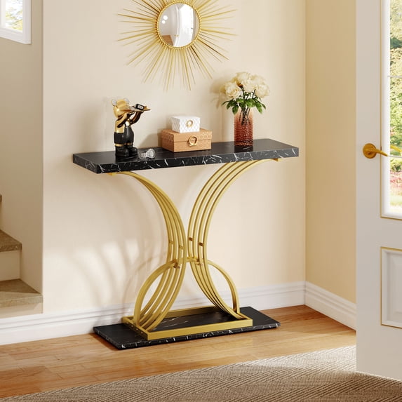Dextrus Faux Marble End Table, Narrow Side Console Table for Living Room, Hallway, Entryway, Black