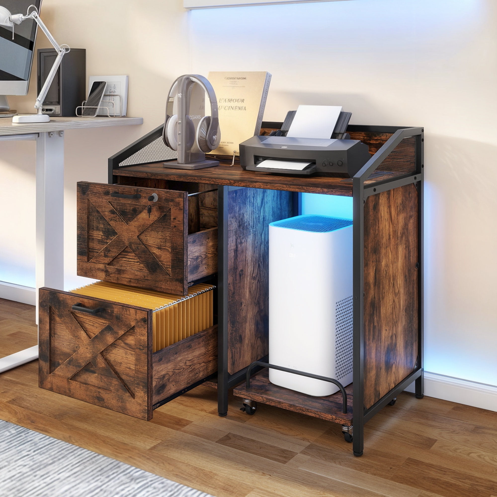 DEXTRUS Brown Rolling File Cabinet with Charging Station, 2 Drawers ...