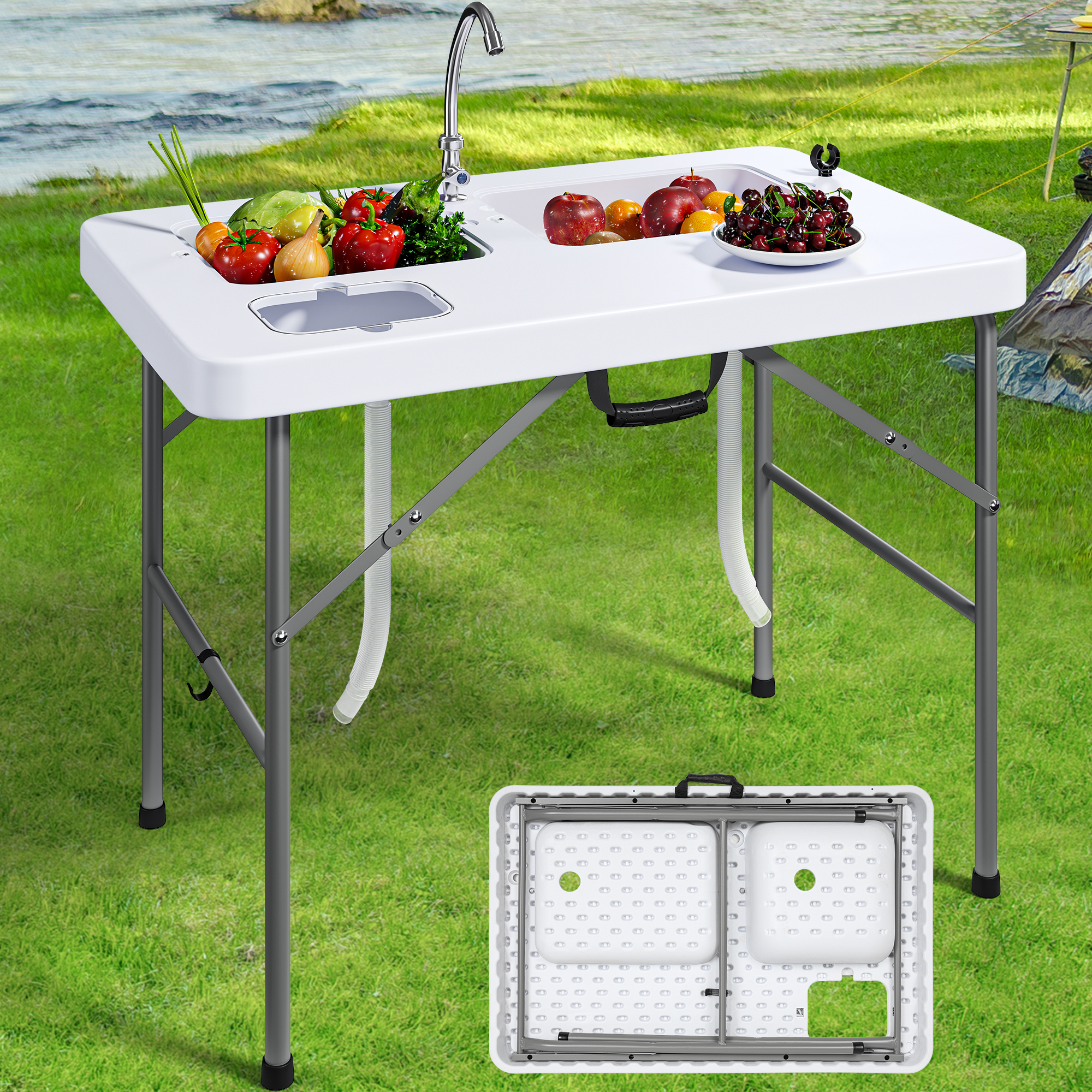 Dextrus Fish Cleaning Table with Deep Sinks 40" Portable Fish Cleaning