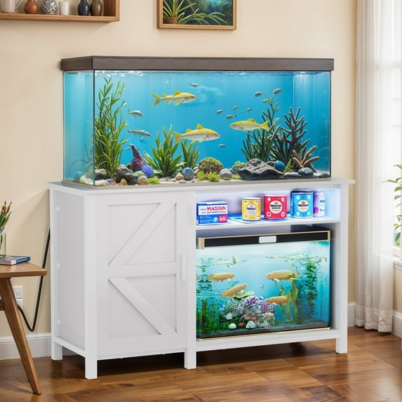 Dextrus Fish Tank Stand with Electrical Sockets, RGB Lighting, Cabinet for 55-75 Gallon Aquariums, Supports 900 lbs, White