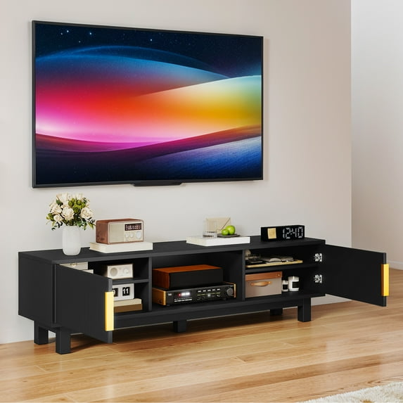 Dextrus Fluted TV Stand for 65" TVs, Modern Living Room Media Console with Adjustable Shelf & Power Outlets, Black
