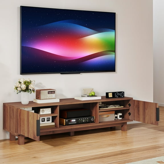 Dextrus Fluted TV Stand for 65" TVs, Modern Living Room Media Console with Adjustable Shelf & Power Outlets, Walnut