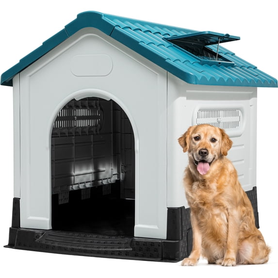 Dextrus Folding Large Dog House Outdoor Plastic Doghouse with Adjustable Skylight and Elevated Base Water Resistant Pet House for Small, Medium, and Large Dogs