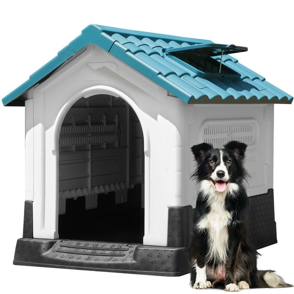 Dextrus Folding Large Dog House Outdoor Plastic Doghouse with Adjustable Skylight and Elevated Base Water Resistant Pet House for Small, Medium, and Large Dogs