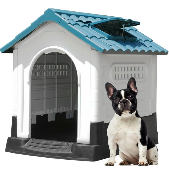 Dextrus Folding Large Dog House Outdoor Plastic Doghouse with Adjustable Skylight and Elevated Base Water Resistant Pet House for Small, Medium, and Large Dogs