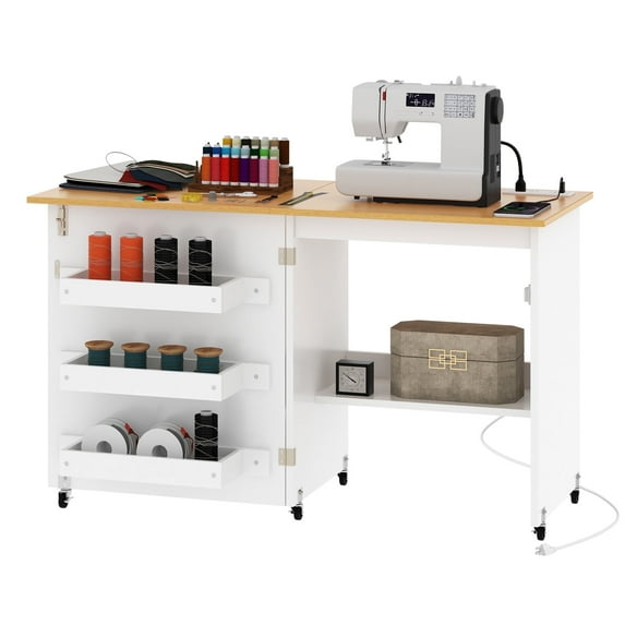 Dextrus Folding Sewing Table with Charging Station, Portable Craft Table Station with Storage Shelf, Lockable Caster Wheels,Magnetic Door - White