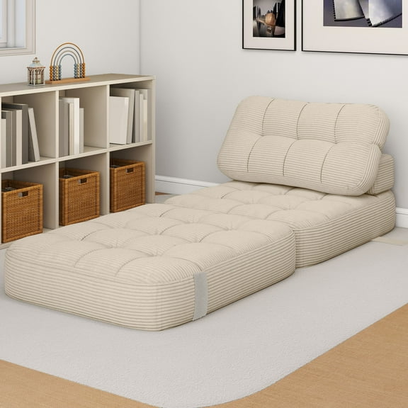 Dextrus Folding Sofa Bed Chair, Convertible Floor Sleeper with Pillow & Back Support, Beige