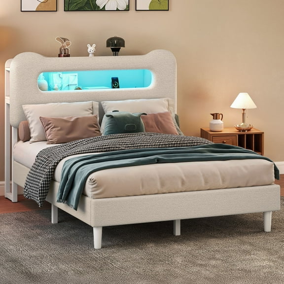 Dextrus Full Bed Frame with LED Headboard, Charging Ports, Storage Shelf, Boucle Upholstery, No Box Spring Needed, Cream
