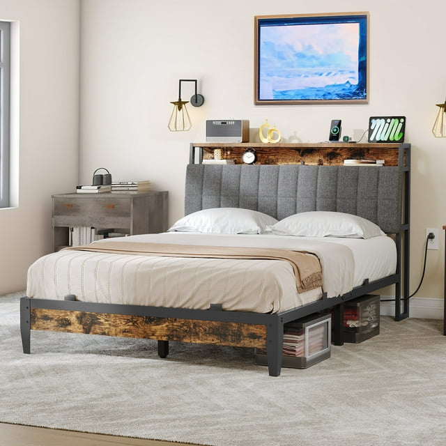 Dextrus Full Size Bed Frame with Charging Station, Upholstered Platform Metal Bed, Brown and Gray