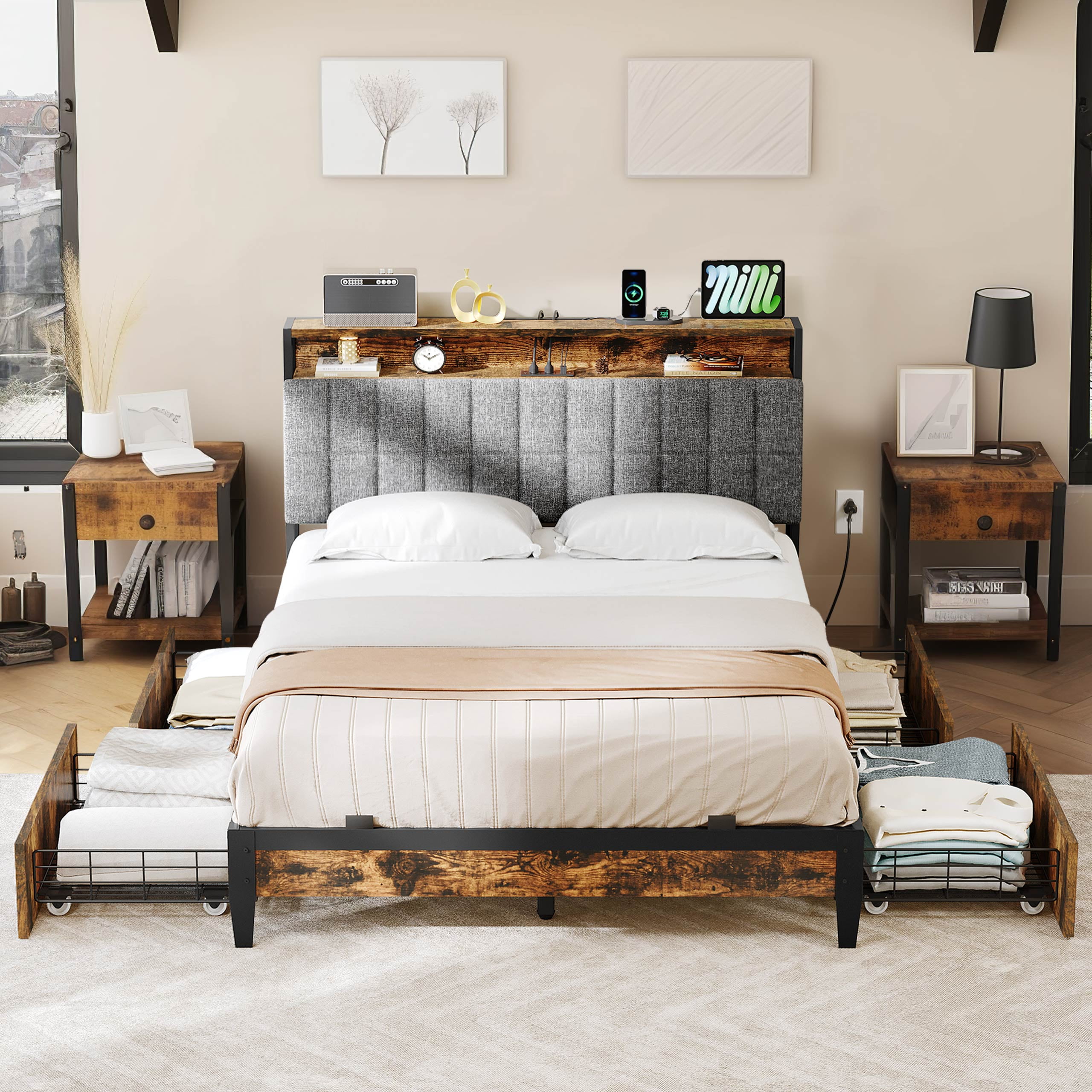 DEXTRUS Full Size Bed Frame with Charging Station & Drawers, Industrial Platform Bed Frame with Upholstered Headboard, Rustic Brown