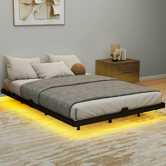 Dextrus Full Size Floating Bed Frame with LED Lights and Charging Station, Easy Assembly Heavy Duty Metal Platform Bed, No Box Spring Required (Black)