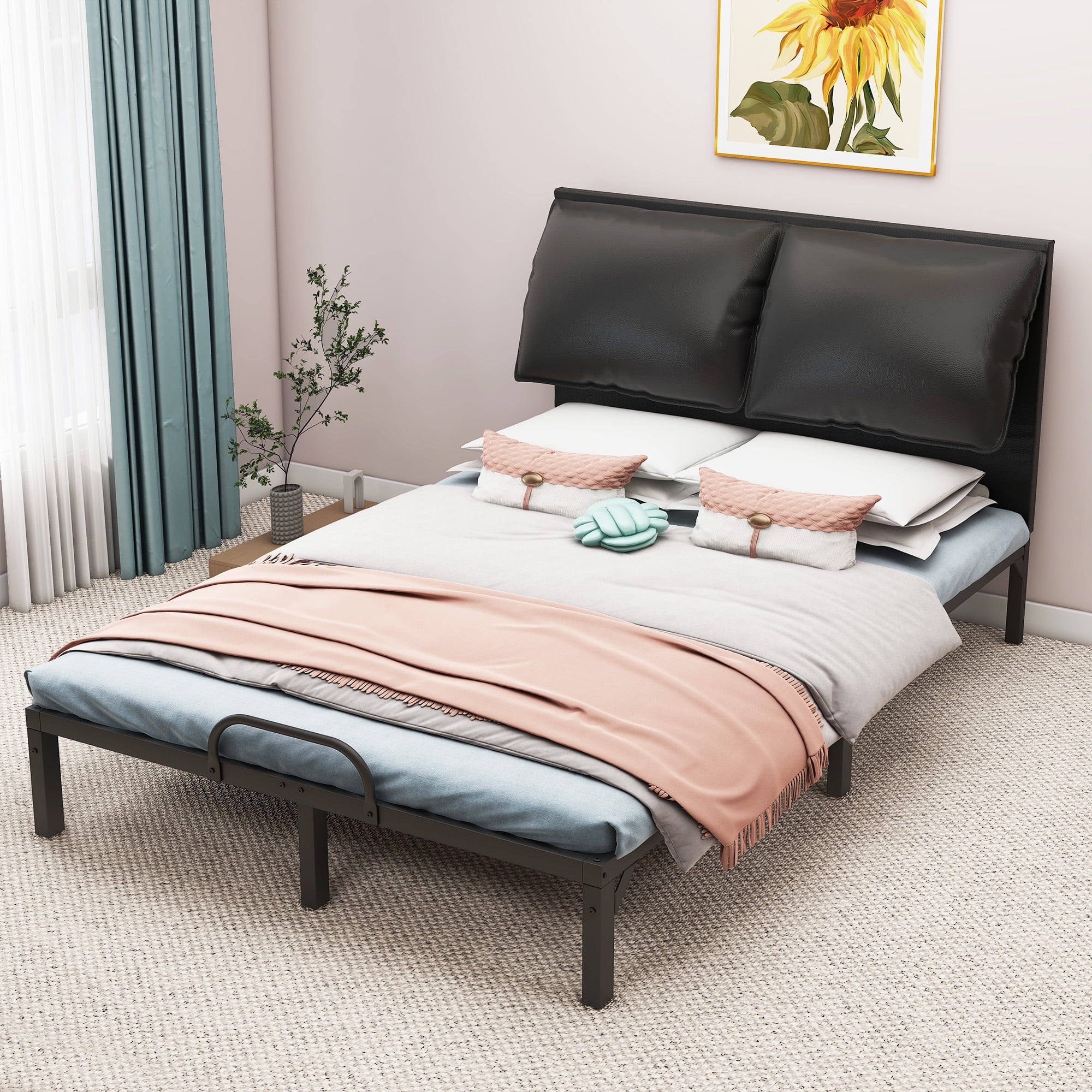 Dextrus Full Size Metal Bed Frame with Soft PU Leather Headboard ...