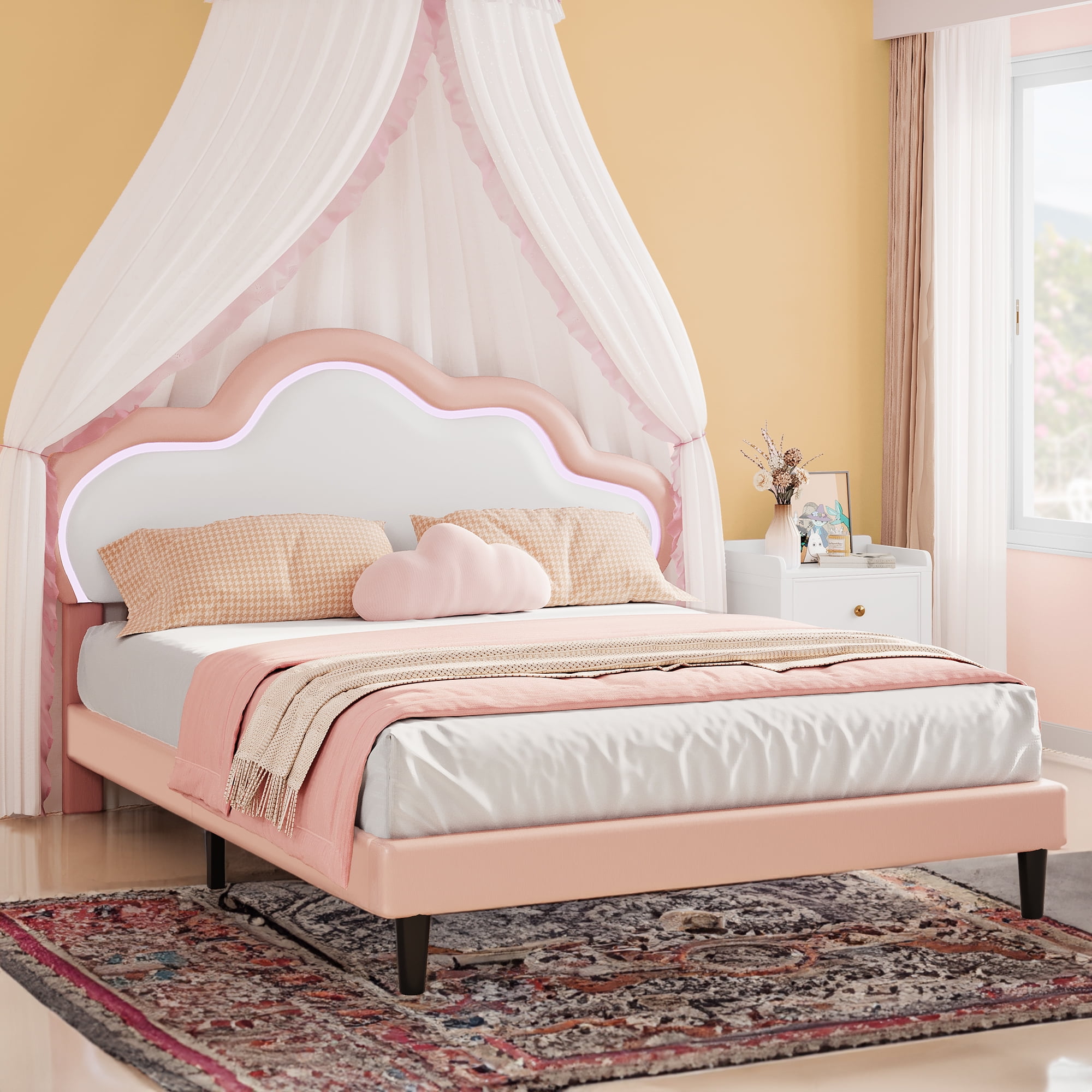 Dextrus Pink LED Bed Frame Full-Size with Faux Leather, Adjustable ...