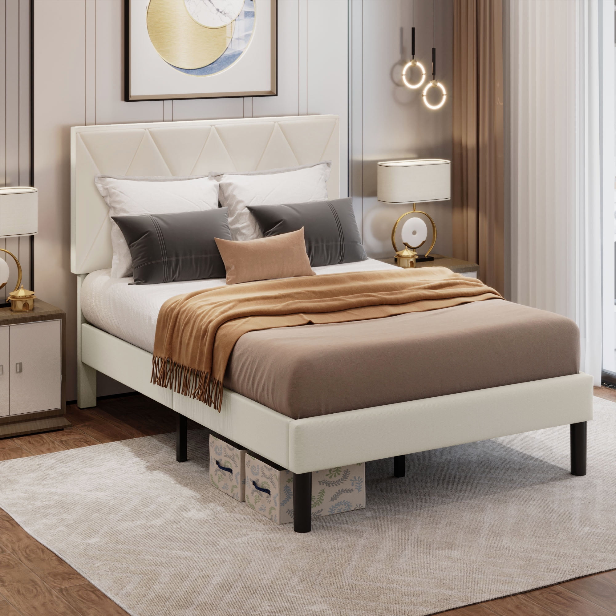 DEXTRUS Full Size Upholstered Bed Frame with Adjustable Headboard, Beige