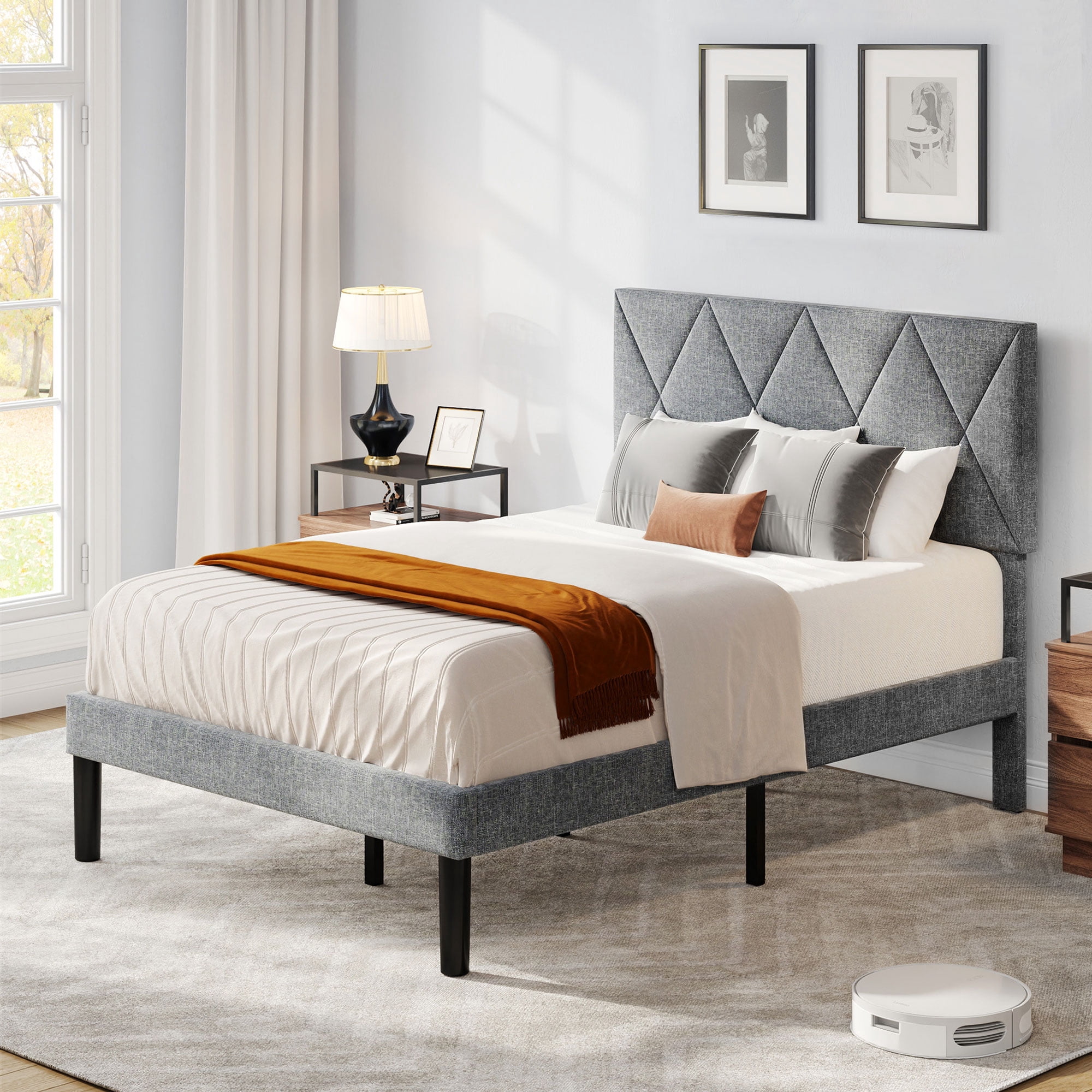 Dextrus Full Size Upholstered Bed Frame with Adjustable Headboard ...