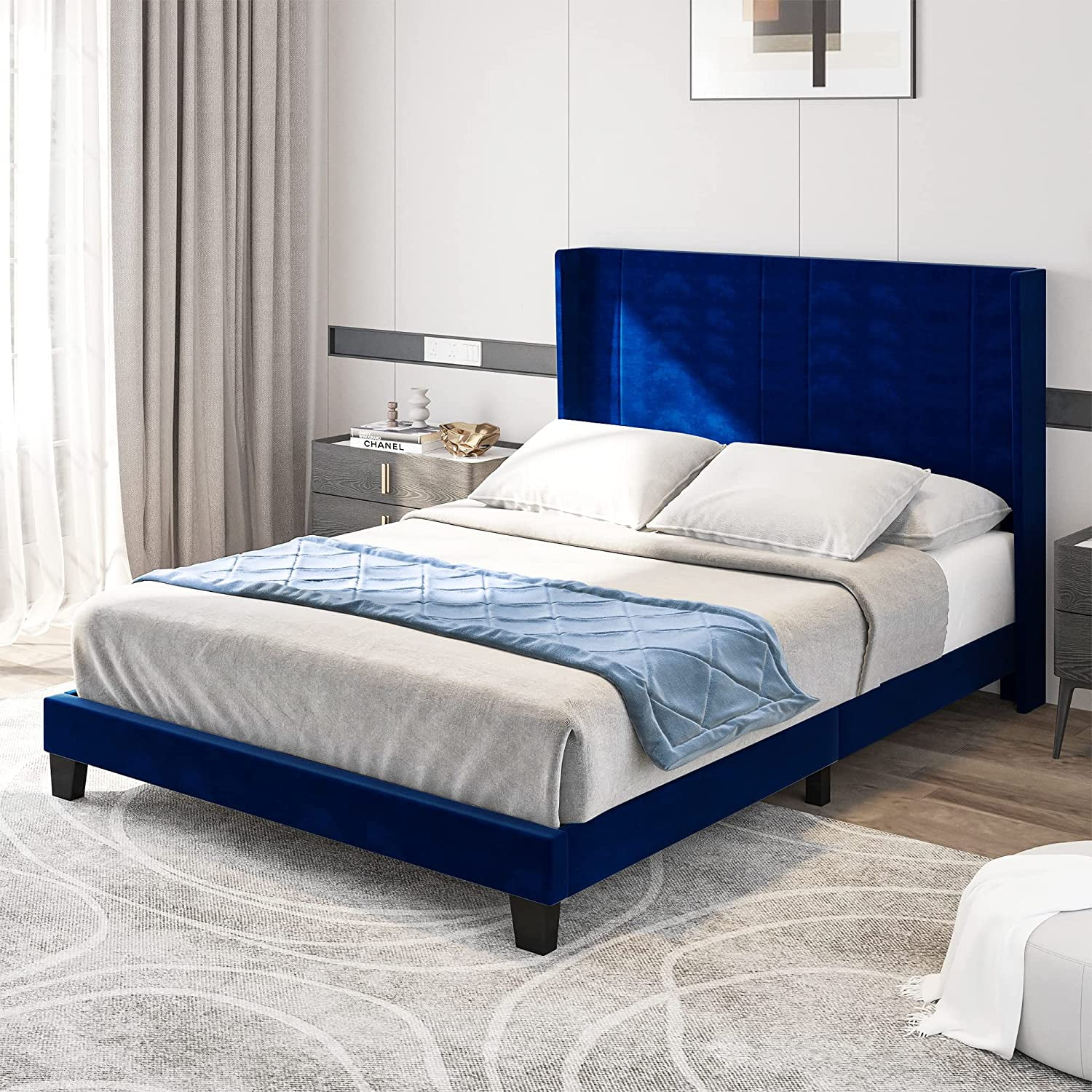 Dextrus Full Upholstered Wingback Platform Bed with Navy Blue Velvet