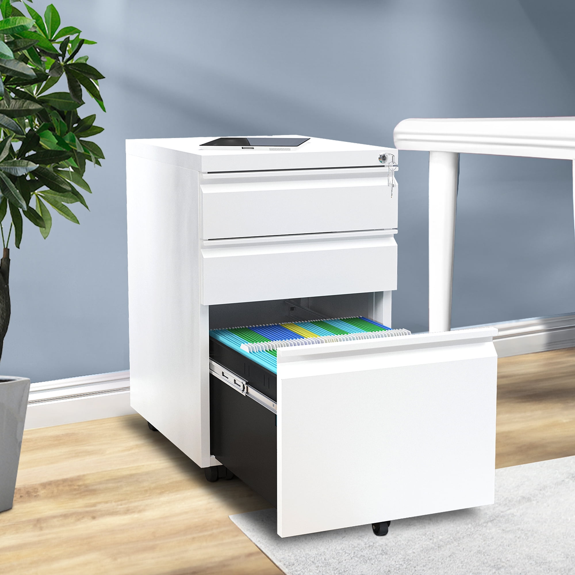 Dextrus Fully Assembled 3 Drawer Lockable File Cabinet for Letter Legal A4 Size Mobile Filing Cabinet with Wheels White