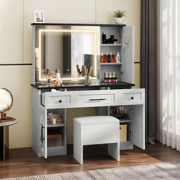 Dextrus Fusion Vanity Ensemble with Expansive Light-Controlled Mirror, Drawers and Adjustable Shelving