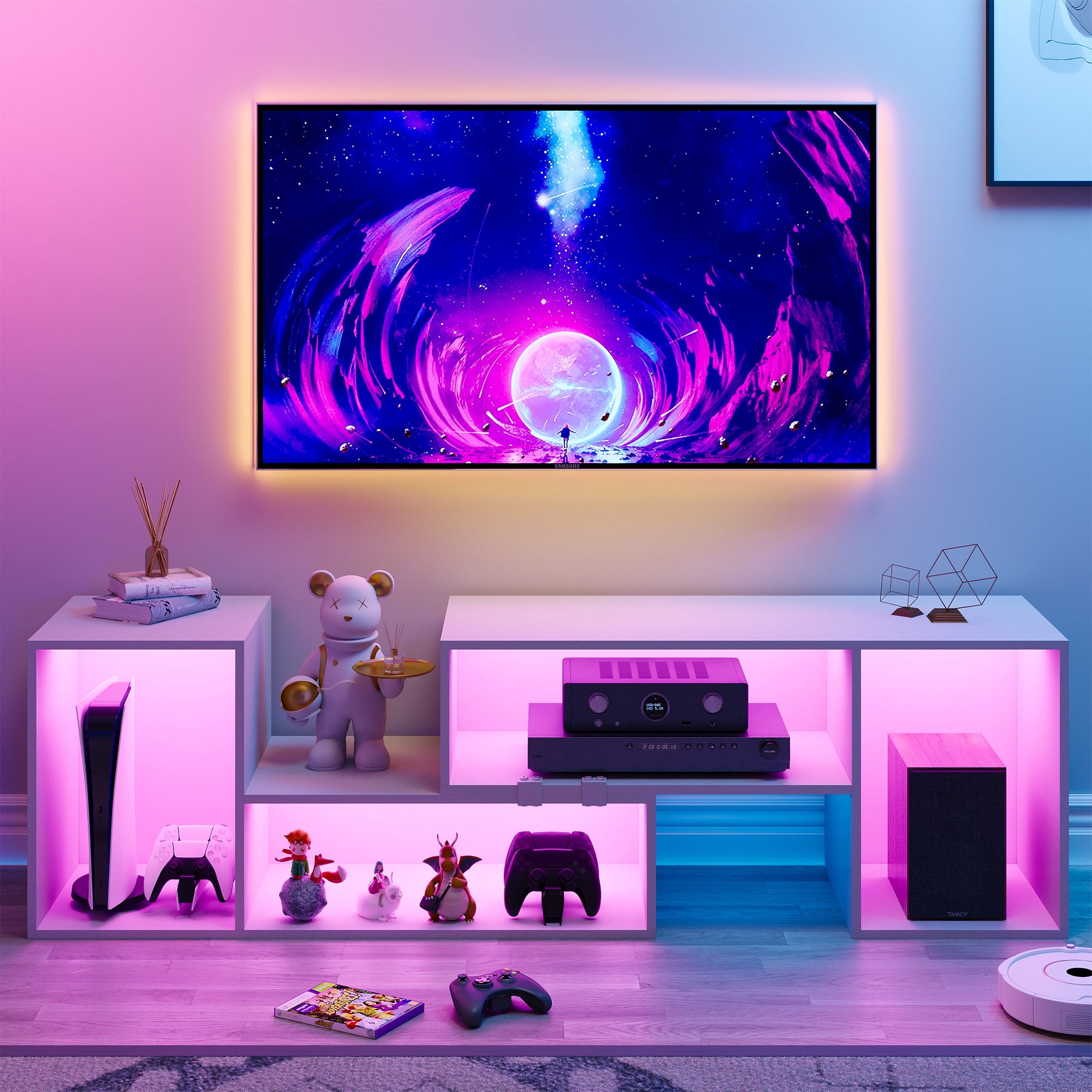 Dextrus LED Gaming TV Stand Entertainment Center for 75inch TVs PS5 Deformable Cabinet with Open Storage Black Walmart