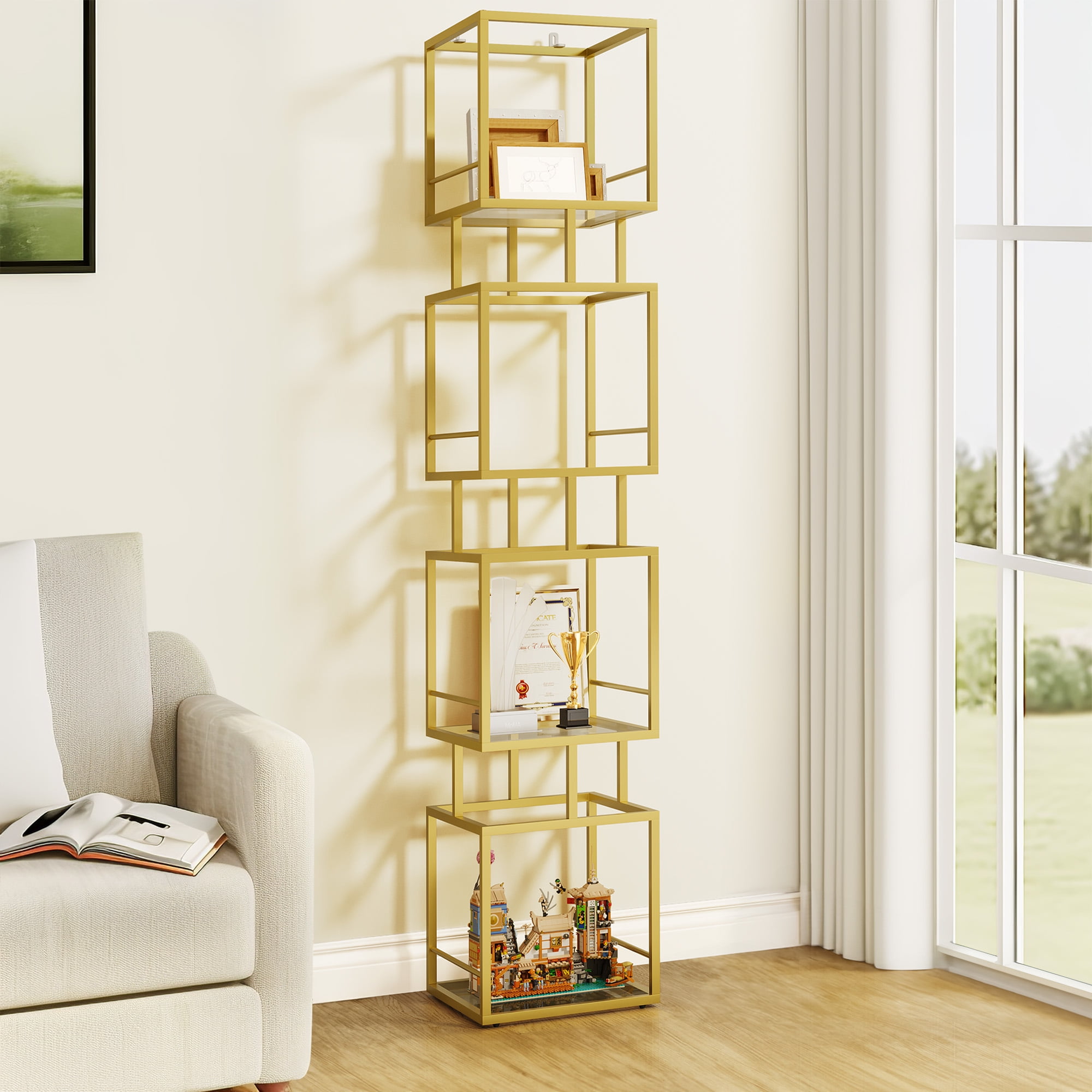 Dextrus Gold Bookshelf, S Shape Modern Gold Bookcase with 4 Tier