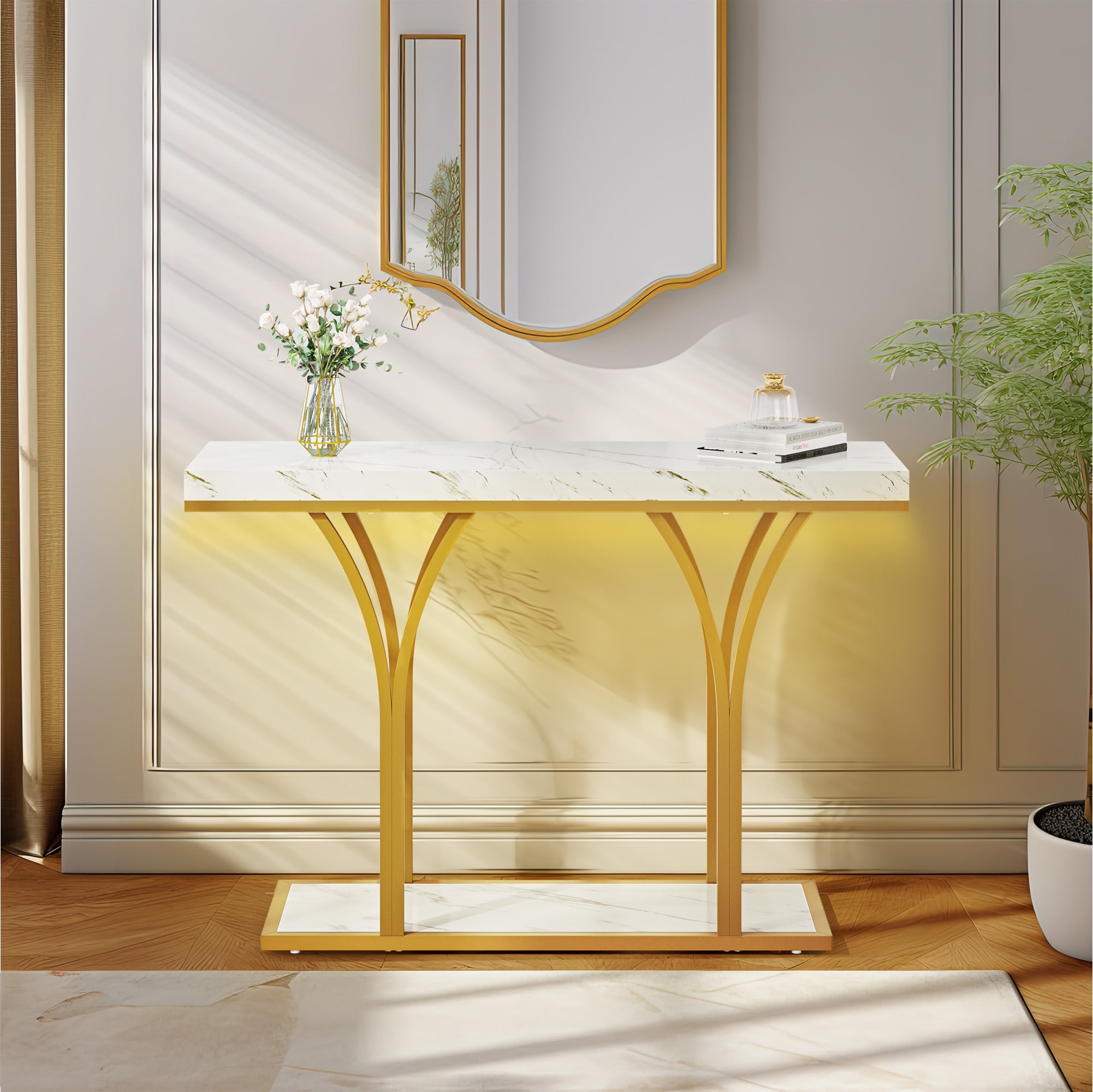 Dextrus Gold Console Table, Modern Faux Marble Entryway Table Behind ...