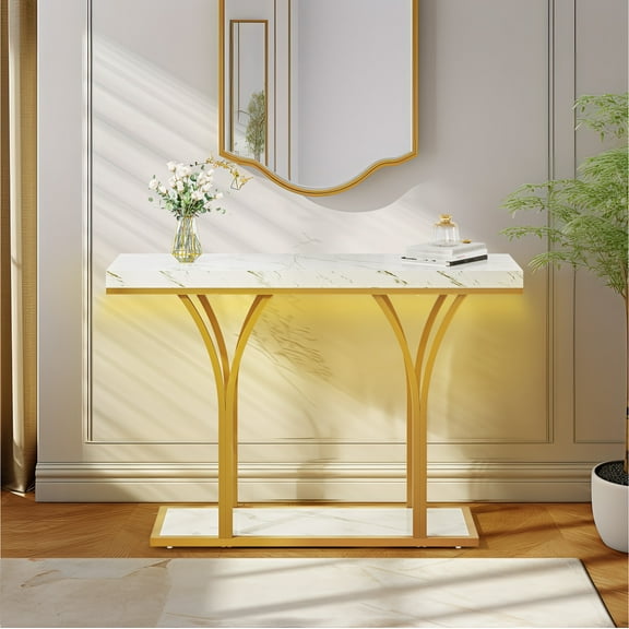 Dextrus Gold Console Table, Modern Faux Marble Entryway Table Behind Sofa Couch for Entry Way, Entrance, Living Room, Gold & White