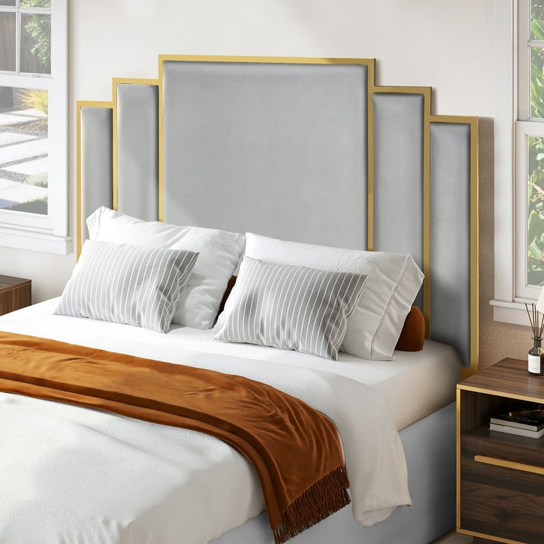 Dextrus Gold Upholstered Metal Framed Crown Queen Headboard in