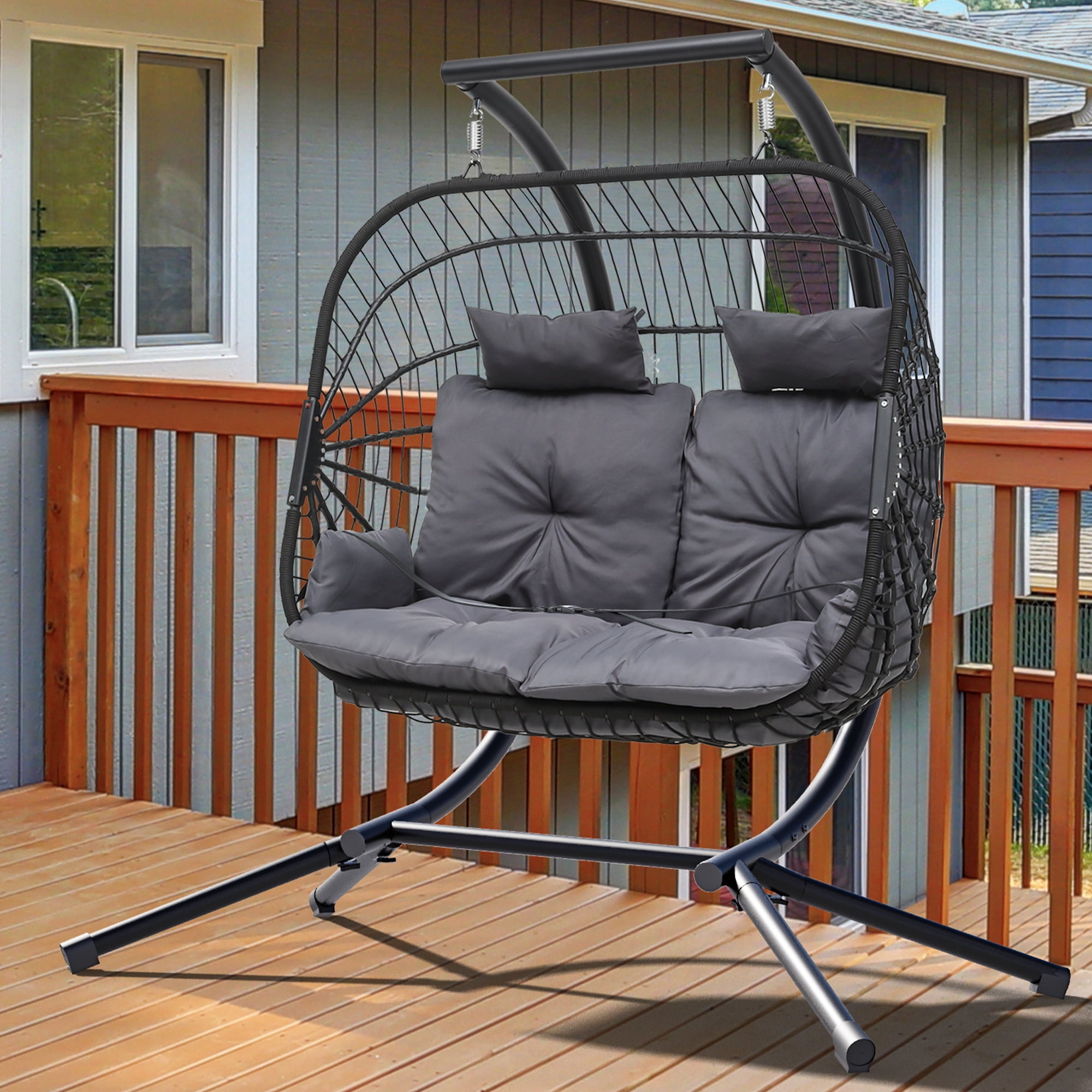 Dextrus Gray Double Hanging Egg Swing Chair Rattan Love Seat for Patio Porch Cushioned 500lbs Capacity Walmart