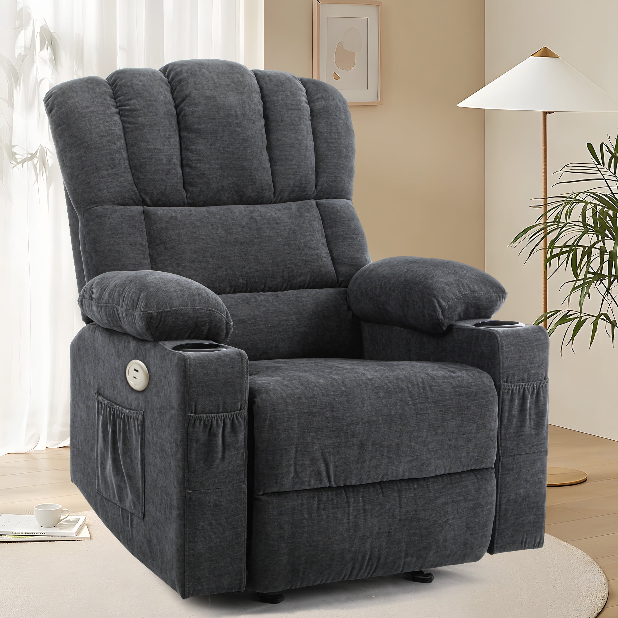 Dextrus Grey Fabric Recliner Chair with Massage and Heat, Glider Rocker