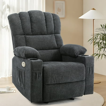 Dextrus Grey Fabric Recliner Chair with Massage and Heat, Glider Rocker Recliner Chair, Manual Rocking Chair with 2 Integrated Cup Holders, USB Charging Port, and Handy Side Pocket