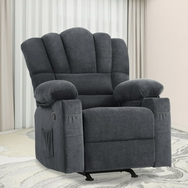 Dextrus Grey Fabric Recliner Chair with Massage and Heat, Glider Rocker Recliner Chair, Manual Rocking Chair with 2 Integrated Cup Holders, USB Charging Port, and Handy Side Pocket