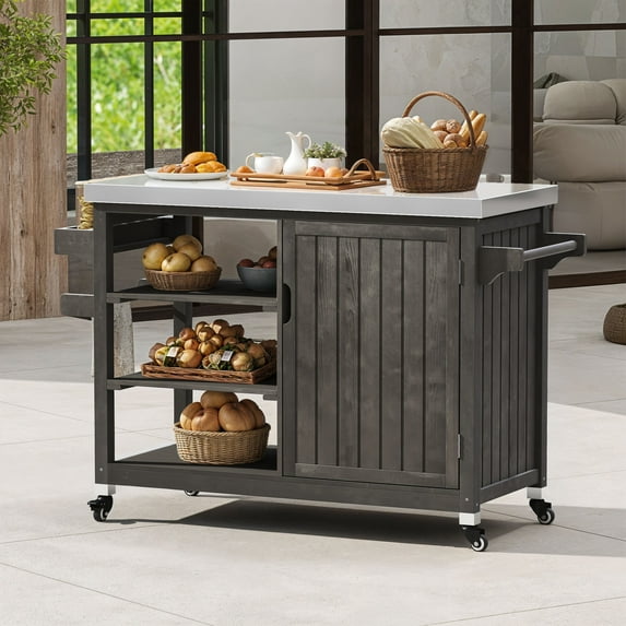 Dextrus Grill Carts Outdoor With Storage Cabinet and Wheels, Solid Wood Kitchen Island,Bar Cart