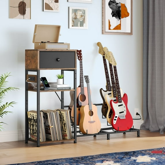 Dextrus Guitar Stand 4 Holder, Storage Drawer and Power Strip, Adjustable Multiple Guitar Stands Floor With Amp Accessories Rack