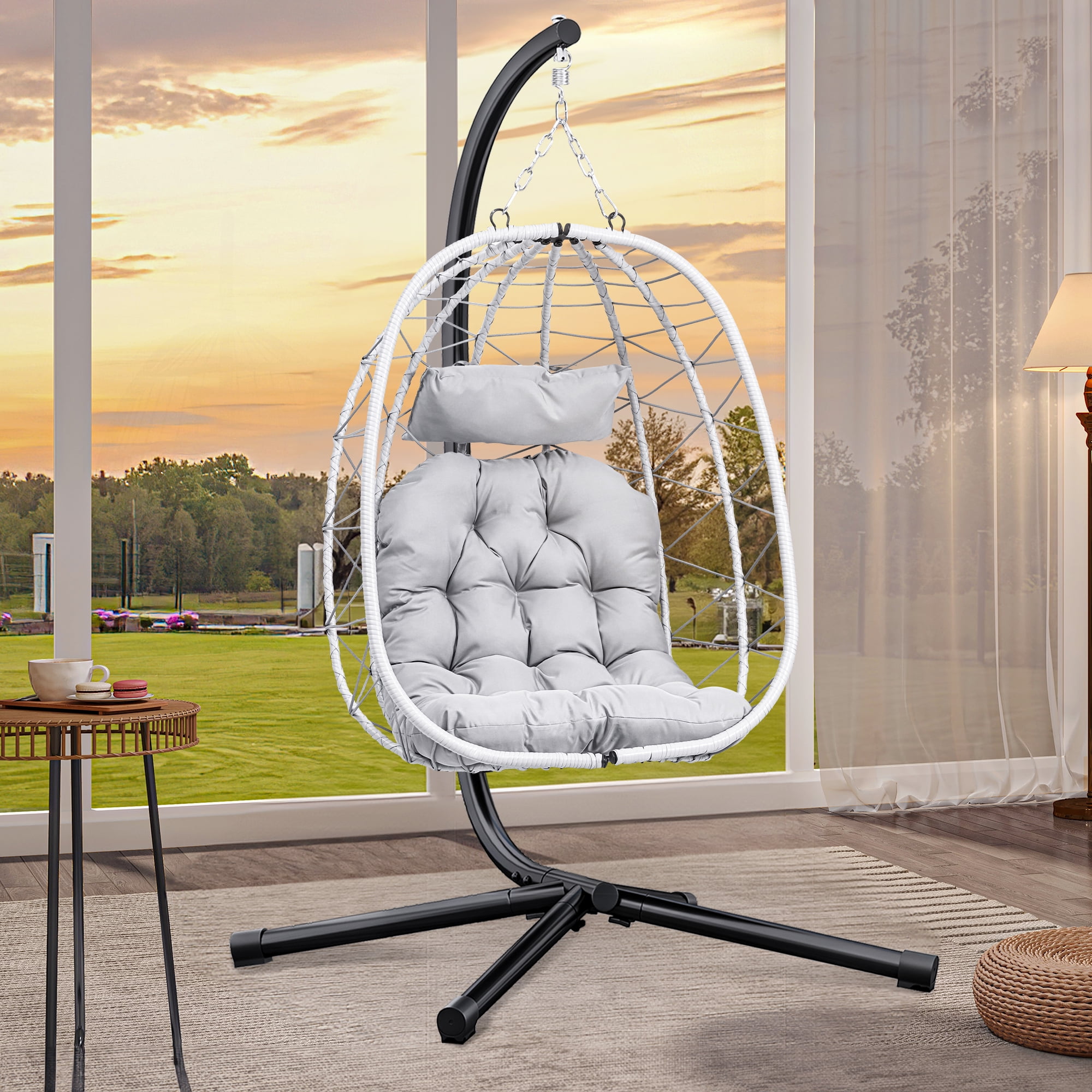 Dextrus Hanging Egg Chair with Stand Swing Chair Wicker Indoor Outdoor ...