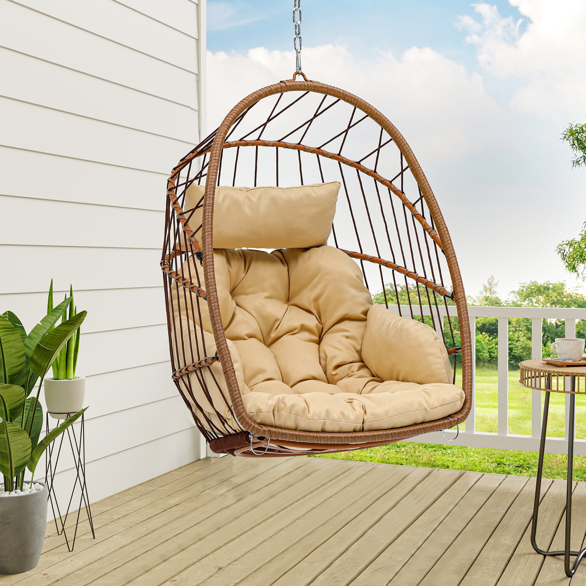 Dextrus Hanging Egg Chair, Swing Design with Cushion, 330 Lbs for Indoor/Outdoor, Beige (No Stand)