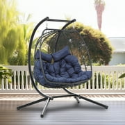 Dextrus Hanging Egg Chair Swing Chair with Stand Double Egg Chair 2 Person Wicker Chair Indoor Outdoor Hammock Egg Chair with Cushions 500lbs for Patio, Bedroom, Garden and Balcony, Navy Blue