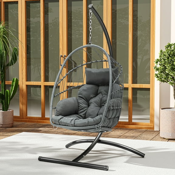Dextrus Hanging Egg Chair with Stand & Cushion, Swing Design, 330 Lbs for Indoor/Outdoor, Gray