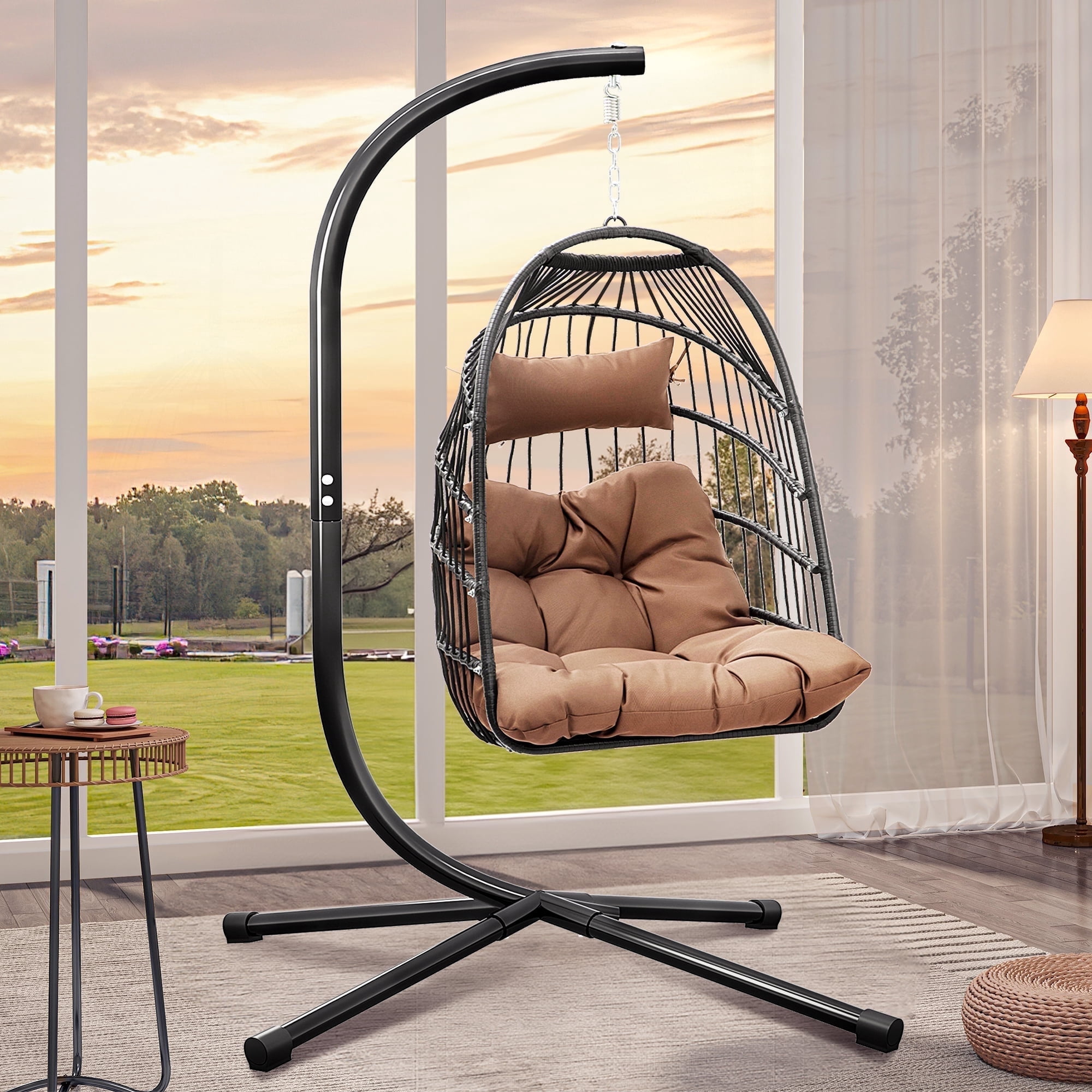 Dextrus Hanging Egg Swing Chair Outdoor Wicker Hammock Chairs Indoor with Steel Stand UV Resistant Cushion 350lbs for Patio, Bedroom, Garden and Balcony, Brown