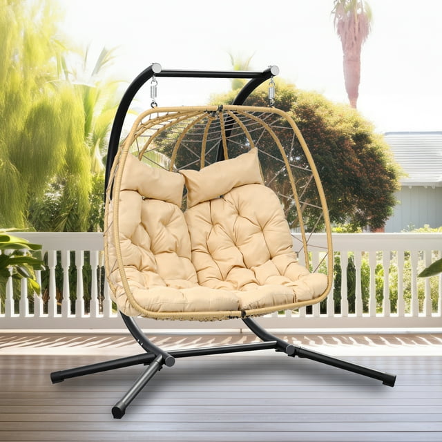 Dextrus Hanging Egg Swing Chair with Stand Double Egg Chair 2 Person Wicker Chair Indoor Outdoor