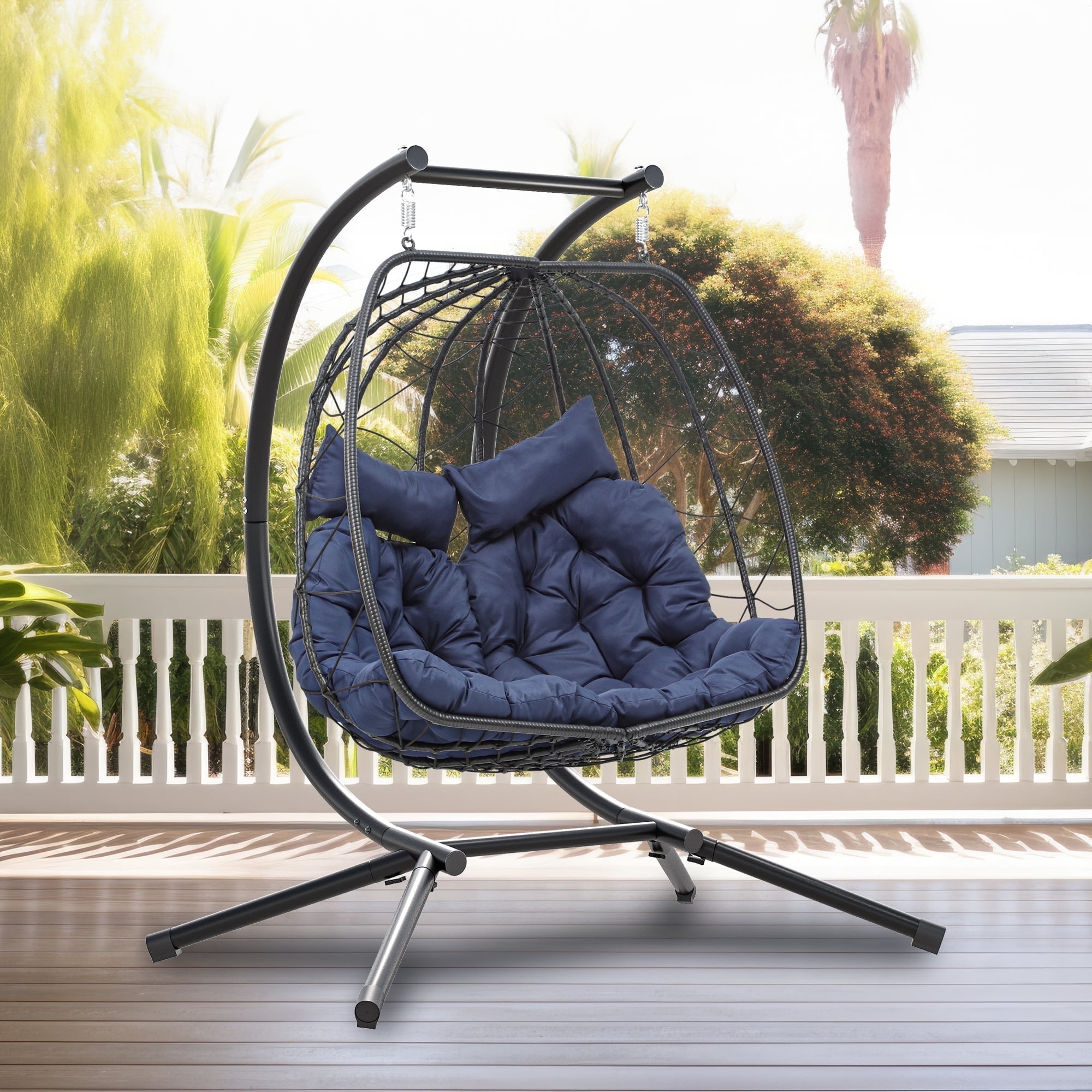 Dextrus Hanging Egg Swing Chair with Stand Double Egg Chair 2 Person Wicker Chair Indoor Outdoor Hammock Egg Chair with Cushions 500lbs for Patio, Bedroom, Garden and Balcony, Navy Blue