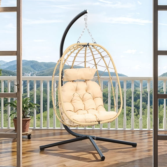 Dextrus Hanging Egg Swing Chair with Stand & Cushions 330lbs for Patio, Bedroom, Garden and Balcony, Yellow(Stand Included)