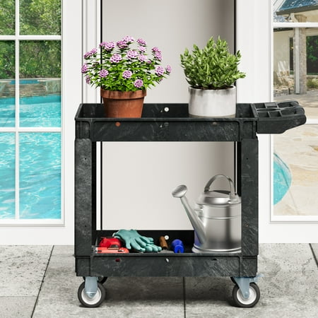 Dextrus Heavy-Duty 2-Tier Utility Cart - 550lbs Capacity with Lockable Wheels for Enhanced Mobility, Black