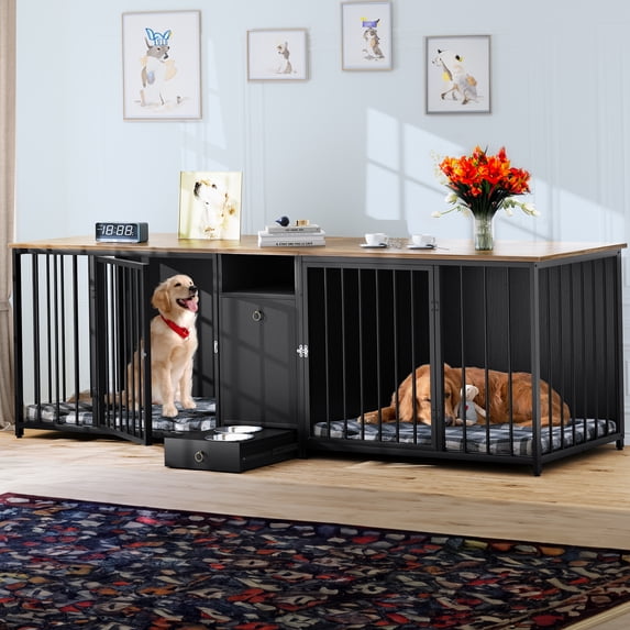 Dextrus Heavy Duty Dog Kennel with Room Divider and Drawer, 94.5" Large Dog Crate Furniture for 2 Large/Medium Dogs, Black