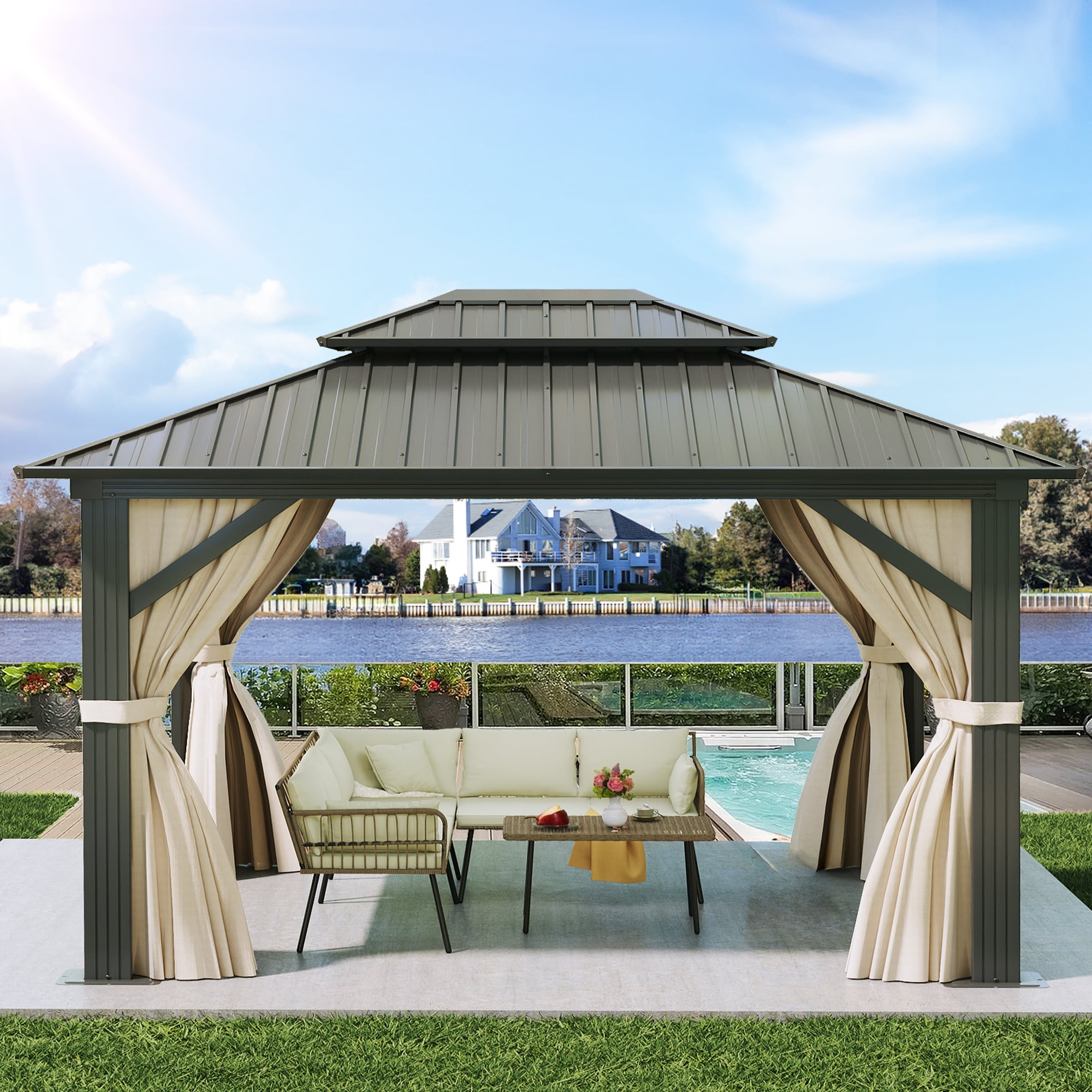Dextrus Heavy Duty Double Roof Hardtop Gazebo, Outdoor Galvanized Steel