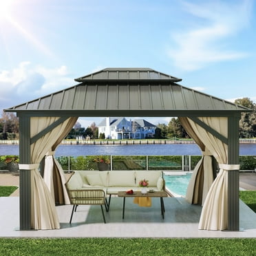 Dextrus Heavy Duty Double Roof Hardtop Gazebo, Outdoor Galvanized Steel Gazebo with Netting and Brown Curtains, Vertical Stripes Roof for Patio, Backyard, Deck, Lawns-10x12ft, Black&Brown