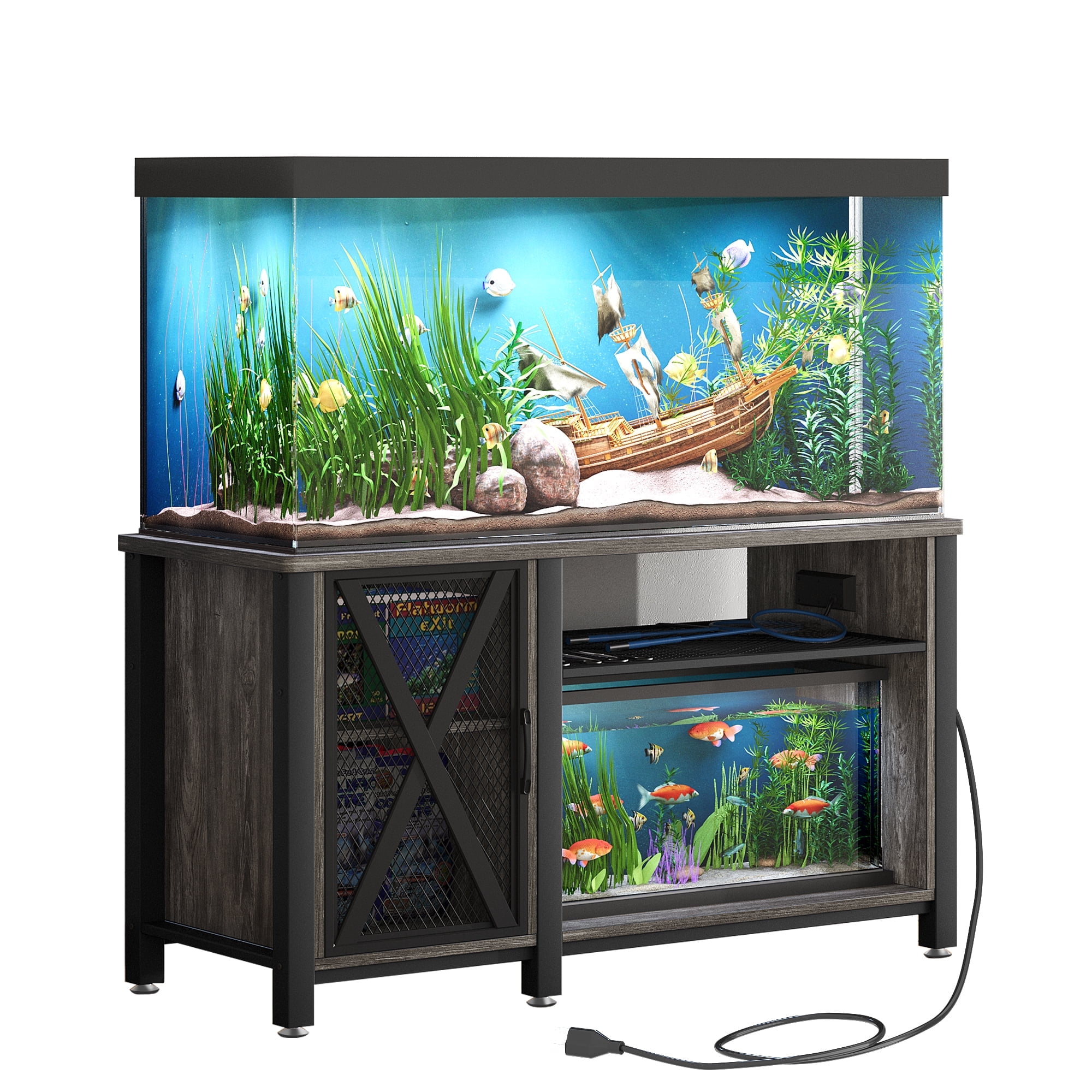 Gray Heavy Duty Metal Aquarium Stand with Cabinet and Power Outlets