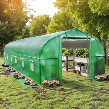 Dextrus Heavy Duty Outdoor Greenhouse Walk-in Tunnel with Portable Plant Gardening, Upgraded Galvanized Steel Frame, Ropes, Zipper Doors, 7 Crossbars Garden, Green (30x10x6.5ft)