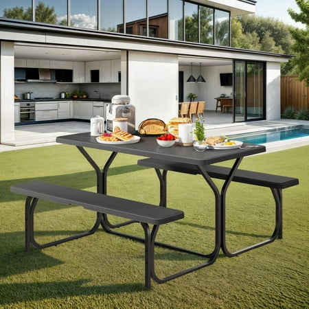 Dextrus Heavy-Duty Outdoor Picnic Table Set with Weatherproof Resin Tabletop, Sturdy Steel Frame for Yard, Patio, and Lawn, Black