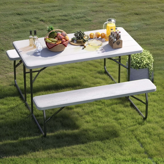 DEXTRUS 57.087 in Folding Rectangle HDPE Picnic Table with Benches, White