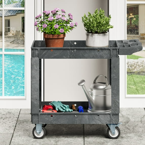 Dextrus Heavy-Duty Plastic Utility Cart - 550lbs Capacity, 2-Tier Rolling Storage Organizer with Deep Shelves for Warehouse and Garage, Gray